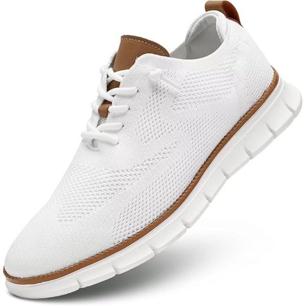 Mens White Knit Mesh Low Top Sneakers Casual Walking Shoes Brown Accents Size 12